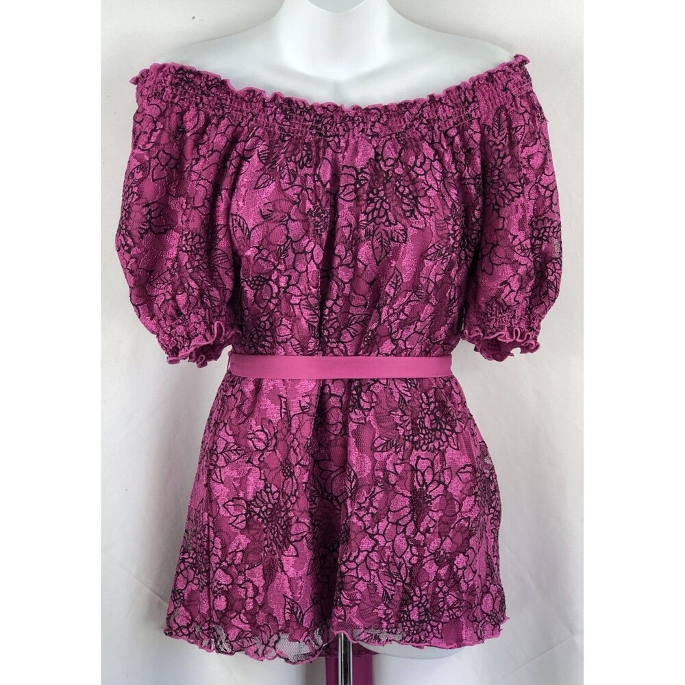 Vintage Lace Off Shoulder Top L Purple Floral Ruffle Puff Sleeve Fairy Coquette